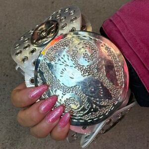 Chunky Vintage silver metal and leather belt